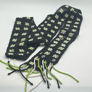 Handmade micro seed bead belt with fringe black, green, white vintage wrap belt